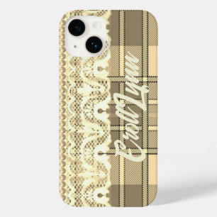 Coque Pour iPhone 14 Plaid et dentelle mignonne crème féminine brun