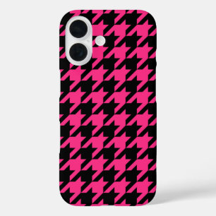 Coques iPhone 16 Plaid pied de poule rose et noir