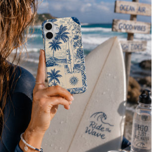 Coques iPhone 16 Planche de surf tropicale bleue