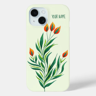 Coque Pour iPhone 15 Plante vert Orange Buds Nom botanique Abstrait