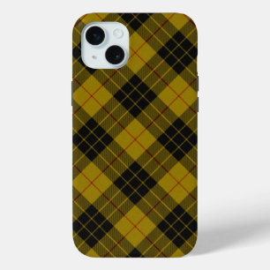 Coque iPhone 15 Mini Plaque noire jaune tartan MacLeod