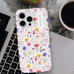 Coque iPhone 15 Pro Max Plaque nominative ovale rose Fleur sauvage jolie