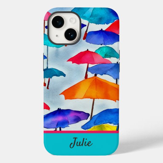 Coques Case-Mate iPhone Pluie Parapluies d'aquarelle gaie avec nom (Verso)
