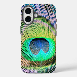 Coques iPhone 16 Plume de paon sur Turquoise