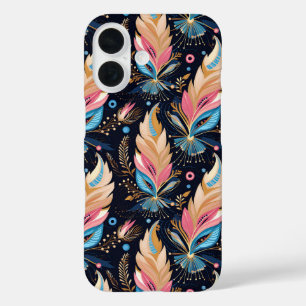 Coques iPhone 16 Plumes Aquarelles Élégantes Bleu Nuit Rose Et Thé