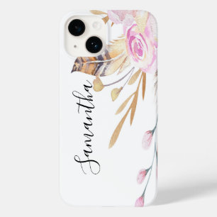 Coque Pour iPhone 14 Plumes de fleurs roses écriture de boho blanc