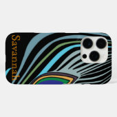 Coques Case-Mate iPhone Plumes de paon moderne Noir Turquoise Votre nom (Verso (horizontal))