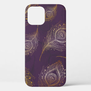 Case-Mate iPhone Case Plumes de paon or, arrière - plan violet.