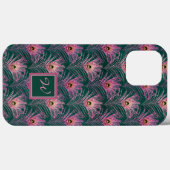 Coques Case-Mate iPhone Plumes de paon rose et Monogramme sur Deep Green (Verso (horizontal))
