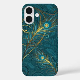 Coques iPhone 16 Plumes Peacock turquoises avec Paisley