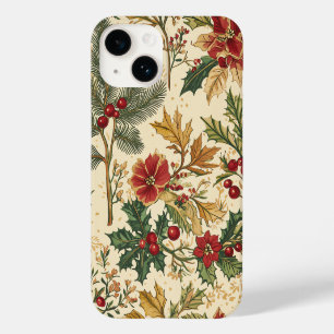 Coque Pour iPhone 14 Poinsettia Écarlate Vintage Émeraude Hiver