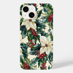 Coque Pour iPhone 14 Poinsettia ivoire Baies cramoisies Feuillage d'hiv