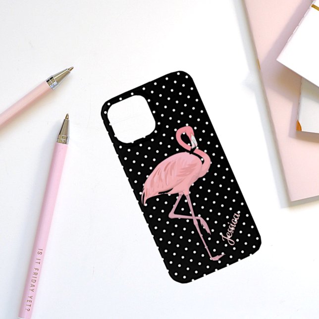 Coques Case-Mate iPhone Pointe Polka noir et blanc avec Flamant rose (Créateur téléchargé)