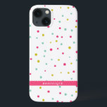 Etui iPhone 13 Points Confetti colorés mignons Motif Personnalisé<br><div class="desc">Mini coque iPad coloré et moderne avec motif pois rose chaud,  bleu et jaune foncé avec étiquette de bord de pétoncle rose chaud. Ce coque personnalisé sera parfait comme cadeau d'anniversaire et de vacances.</div>