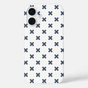 Coques iPhone 16 Points de croix bleu-gris sur fond blanc