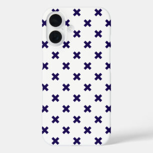 Coques iPhone 16 Points de croix bleu marine sur fond blanc