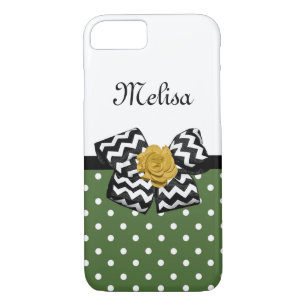 Coques Pour iPhone Points verts mignons Rose jaune Chevron Bow et nom
