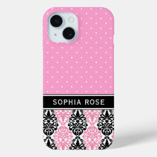 Coque Pour iPhone 15 Pois et Damask Pink Black Nom personnalisé
