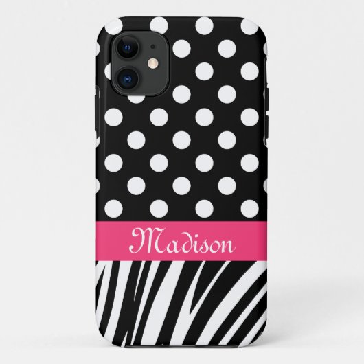 Coques Case-Mate iPhone Pois noirs Zebra Stripes Nom rose (Dos)