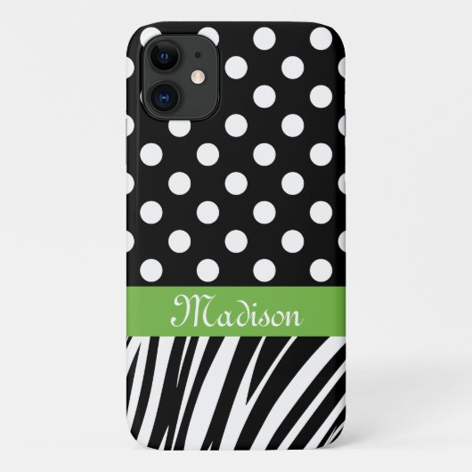 Coques Case-Mate iPhone Pois noirs Zebra Stripes Nom vert (Dos)