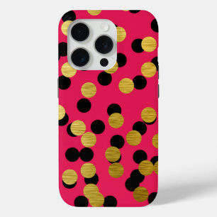 Coque iPhone 15 Pro Pois or et noir sur rose chaud