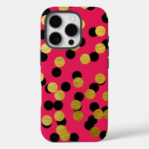 Coques iPhone 16 Pro Pois or et noir sur rose chaud