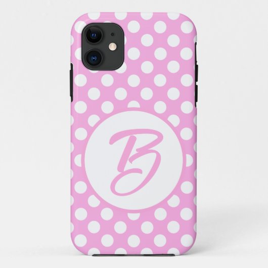 Coques Case-Mate iPhone Pois rétro rose et blanc, monogrammed (Dos)