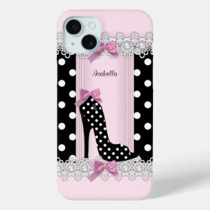 Coque iPhone 15 Mini Pois rose mignon noir talon haut