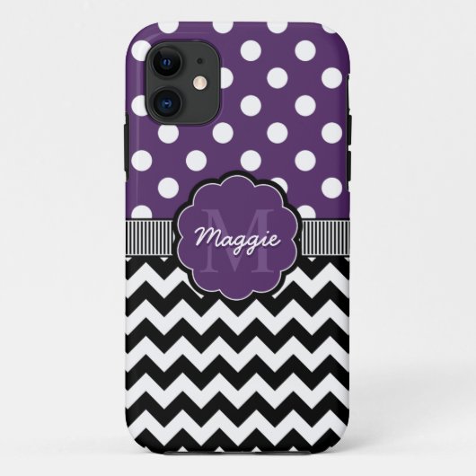 Coques Case-Mate iPhone Pois violet noir Chevron Monogramme (Dos)