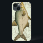 Coques Pour iPhone Poisson d'eau douce sur la carte<br><div class="desc">Cette impression artistique illustre une peinture détaillée d'un poisson d'eau douce. L'arrière - plan est une carte vintage de couleur aquatique claire. Ce design s'adapterait parfaitement à tout produit de votre collection de pêche.</div>