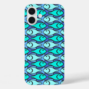 Coques iPhone 16 Plus Poisson moderne du milieu du siècle, bleu et aqua