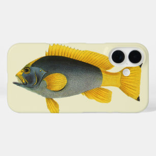 Coques iPhone 16 Poisson vintage bleu et jaune, Vie marine