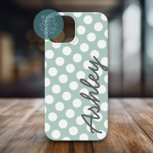 Coque iPhone 15 Pro Polka Dot Motif avec nom - menthe grise