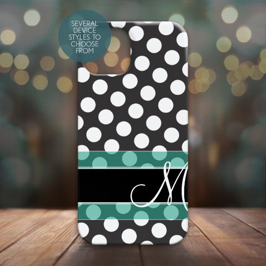 Coques Case-Mate iPhone Polka Motif avec Monogramme - noir turquoise