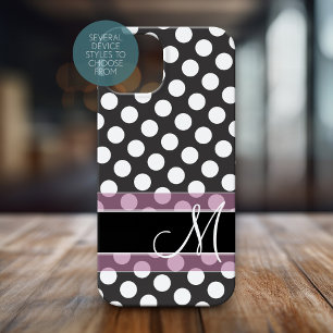 Coque Pour iPhone 15 Polka Motif avec Monogramme - rose et noir