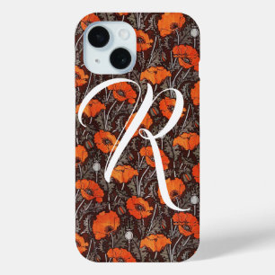 Coque Pour iPhone 15 POPIES ROUGES Pavot floral noir Monogramme blanc