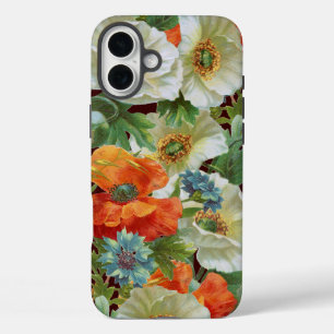 iPhone 16 Plus Case Poppies blanches et orange sur Brown Floral