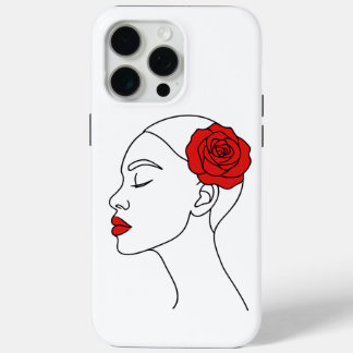 Coque iPhone 15 Pro Max Portrait d'art en ligne d'une femme avec Rose roug