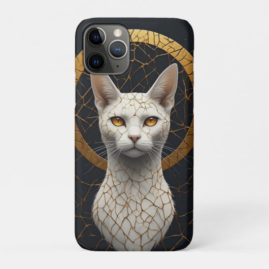 Coques Case-Mate iPhone Portrait de chat blanc avec halo géométrique doré (Dos)