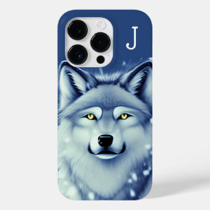 Coque Pour iPhone 14 Pro Portrait de loup blanc et gris monogramme