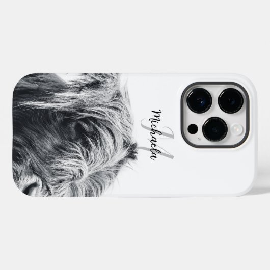 Coques Case-Mate iPhone Portrait de vache Highland premier monogramme noir (Verso (horizontal))