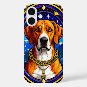 Coques iPhone 16 Portrait en vitrail d'un chien avec chaîne en or