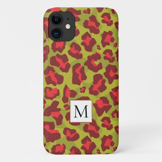Coques Case-Mate iPhone Poster de animal et monogramme léopard rouge et ve (Dos)