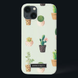 iPhone 13 Coque Pots peints avec Succulents et Motif de cactus<br><div class="desc">Mini coque iPad mignon et moderne avec cactus et succulents dans des pots de coeurs peints avec un arrière - plan à la menthe. Ce coque personnalisé sera parfait comme cadeau. Des modèles similaires sont disponibles.</div>