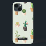 iPhone 13 Coque Pots peints avec Succulents et Motif de cactus<br><div class="desc">Mini coque iPad mignon et moderne avec cactus et succulents dans des pots de coeurs peints avec un arrière - plan à la menthe. Ce coque personnalisé sera parfait comme cadeau. Des modèles similaires sont disponibles.</div>