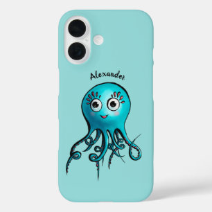 Coques iPhone 16 Poulpe de dessin animé bleu mignon - Créature mari