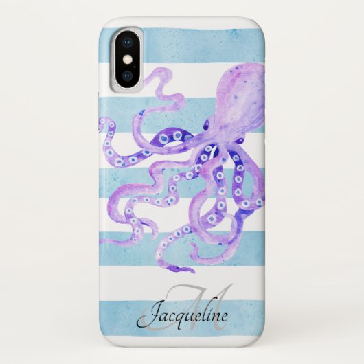 Coques Case-Mate iPhone Poulpe rayé blanc bleu de pourpre d'aquarelle de (Dos)