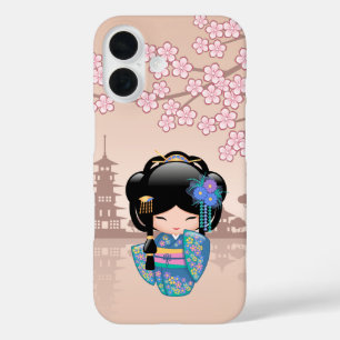 Coques iPhone 16 Poupée Keiko Kokeshi - Blue Kimono Geisha Girl