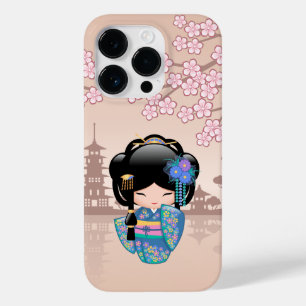 Coque Pour iPhone 14 Pro Poupée Keiko Kokeshi - Blue Kimono Geisha Girl