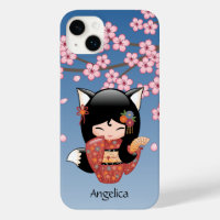 Poupée Kitsune Kokeshi - Black Fox Geisha Girl